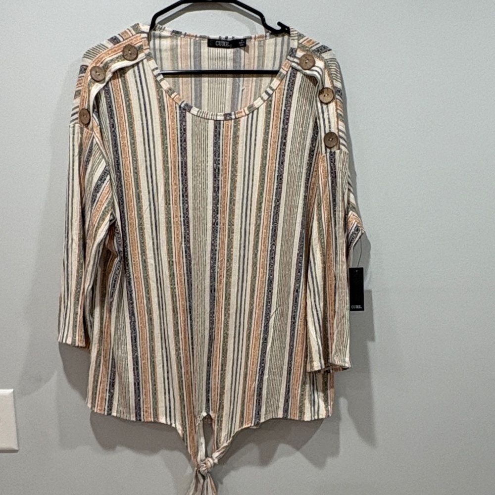 Chico's Beige Striped Button-Detail Blouse